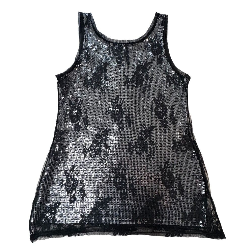 White House Black Market Womens M Black Beaded Sequin Tank Top Dressy - Picture 2 of 11